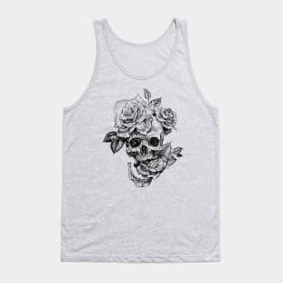 Black and White ink drawing Skull With Roses Tank Top